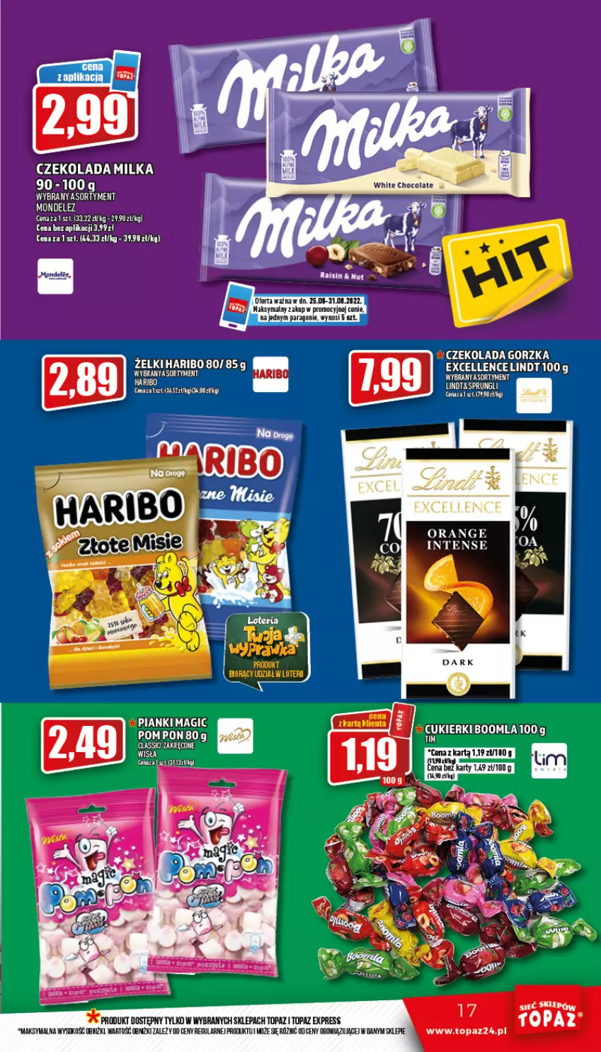 Gazetka promocyjna Topaz - Gazetka - ważna 25.08 do 31.08.2022 - strona 17 - produkty: Czekolada, Czekolada gorzka, Haribo, Lindt, Milka, Sok, Top