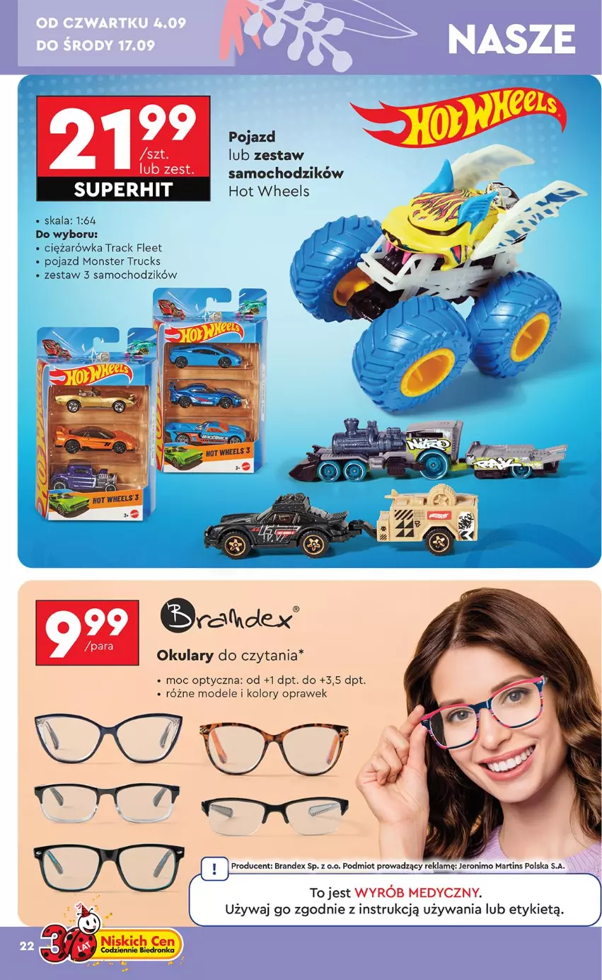 Gazetka promocyjna Biedronka - Okazje Tygodnia - ważna 01.09 do 13.09.2025 - strona 24 - produkty: Chodzik, Hot Wheels, Monster truck, Okulary do czytania, Pojazd