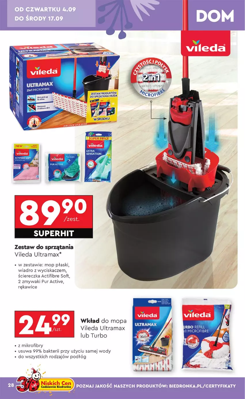 Gazetka promocyjna Biedronka - Okazje Tygodnia - ważna 01.09 do 13.09.2025 - strona 30 - produkty: Mop, Pur, Rama, Rękawice, Vileda, Waga, Wiadro, Wiadro z wyciskaczem, Wkład do mopa