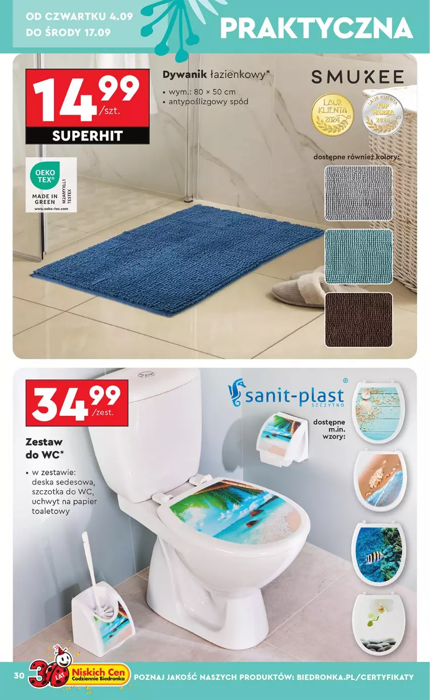 Gazetka promocyjna Biedronka - Okazje Tygodnia - ważna 01.09 do 13.09.2025 - strona 32 - produkty: Deska sedesowa, Dywan, Dywanik, Papier, Papier toaletowy, Szczotka, Szczotka do WC