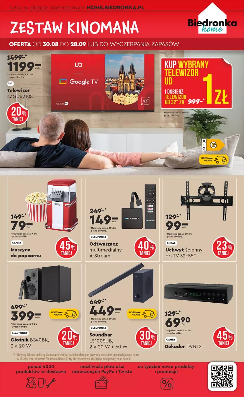 Gazetka promocyjna Biedronka - Okazje Tygodnia - ważna 01.09 do 13.09.2025 - strona 43 - produkty: Fa, Głośnik, Gra, Popcorn, Soundbar, Szyna, Telewizor