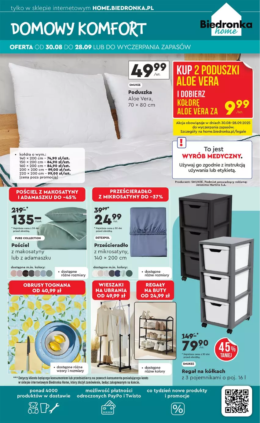 Gazetka promocyjna Biedronka - Okazje Tygodnia - ważna 01.09 do 13.09.2025 - strona 45 - produkty: Aloe vera, Buty, Kołdra, Obrus, Poduszka, Pojemnik, Pościel, Prześcieradło, Pur, Regał, Ubrania, Wieszak