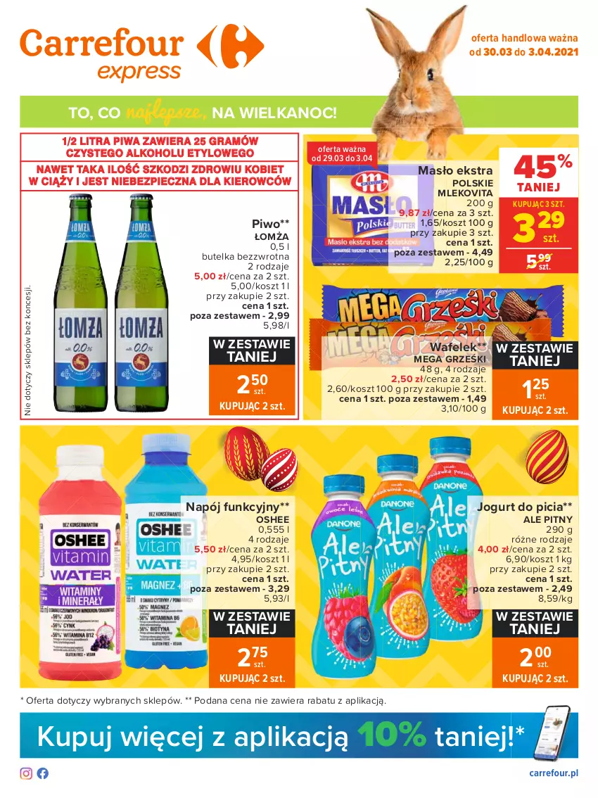 Gazetka promocyjna Carrefour - Gazetka Express - ważna 29.03 do 03.04.2021 - strona 1 - produkty: Gra, Grześki, Jogurt, Kosz, Masło, Mleko, Mlekovita, Napój, Oshee, Piec, Piwa, Piwo, Wafelek