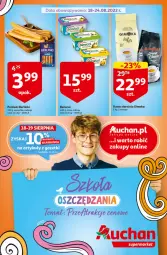 Gazetka promocyjna Auchan - Szkoła oszczędzania Temat przeAtrakcje cenowe Supermarkety - Gazetka - ważna od 24.08 do 24.08.2022 - strona 1 - produkty: Benecol, Kawa ziarnista, Parówki, Kawa, Gimoka, Berlinki