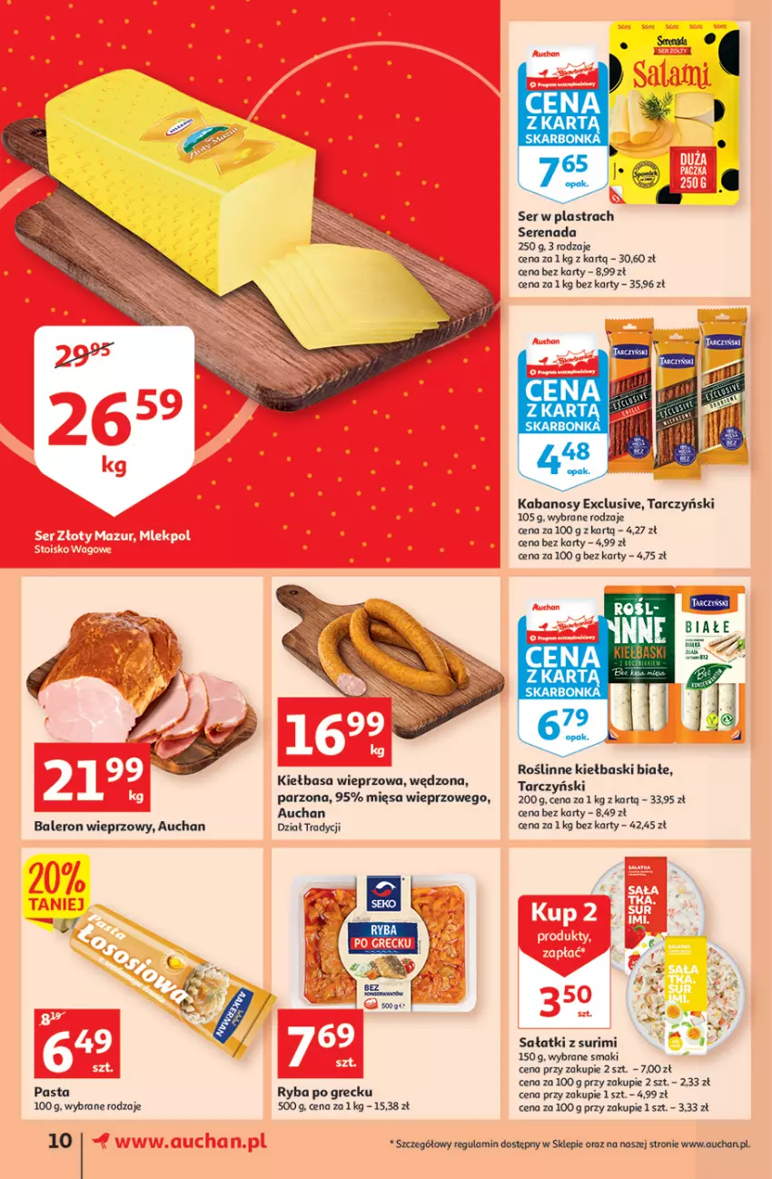 Gazetka promocyjna Auchan - Udane grillowanie jest w cenie Supermarkety - ważna 19.05 do 28.05.2022 - strona 10 - produkty: Kabanos, Kiełbasa, Kiełbaski białe, Roślinne kiełbaski, Ryba, Ryba po grecku, Sałat, Ser, Surimi, Tarczyński