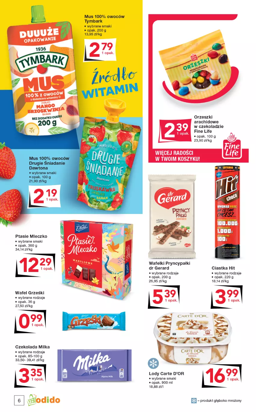 Gazetka promocyjna Odido - Gazetka - ważna 12.08 do 25.08.2022 - strona 6 - produkty: Carte d'Or, Ciastka, Czekolada, Dr Gerard, Grześki, Lody, Milka, Mleczko, Mus, Orzeszki, Ptasie mleczko, Tymbark