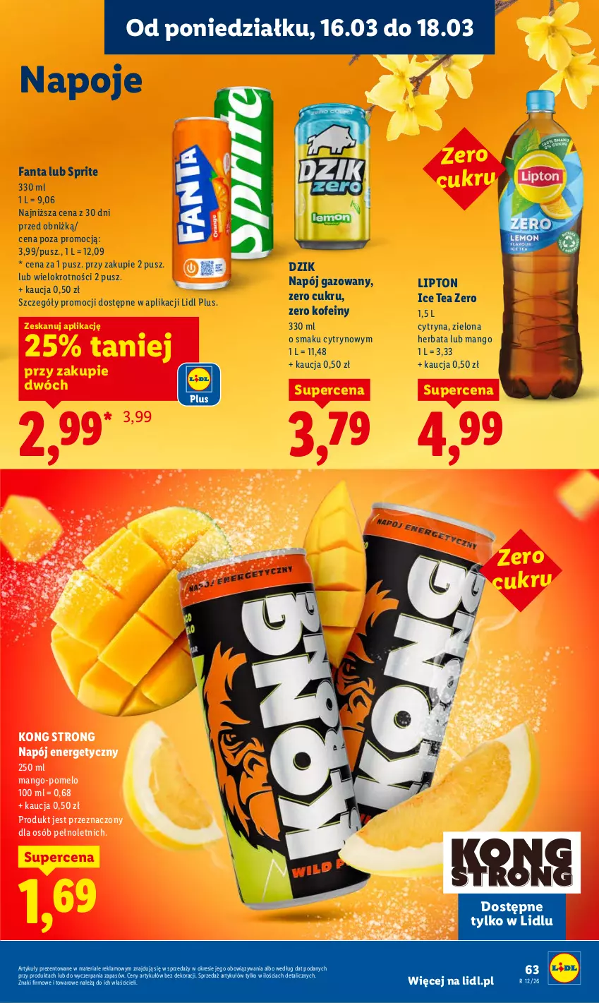Gazetka promocyjna Lidl - Gazetka ważna od 16.03 do 18.03 - ważna 16.03 do 18.03.2026 - strona 65 - produkty: Fa, Fanta, Herbata, Ice tea, Lipton, Mango, Napój, Napój energetyczny, Napój gazowany, Napoje, Pomelo, Sprite