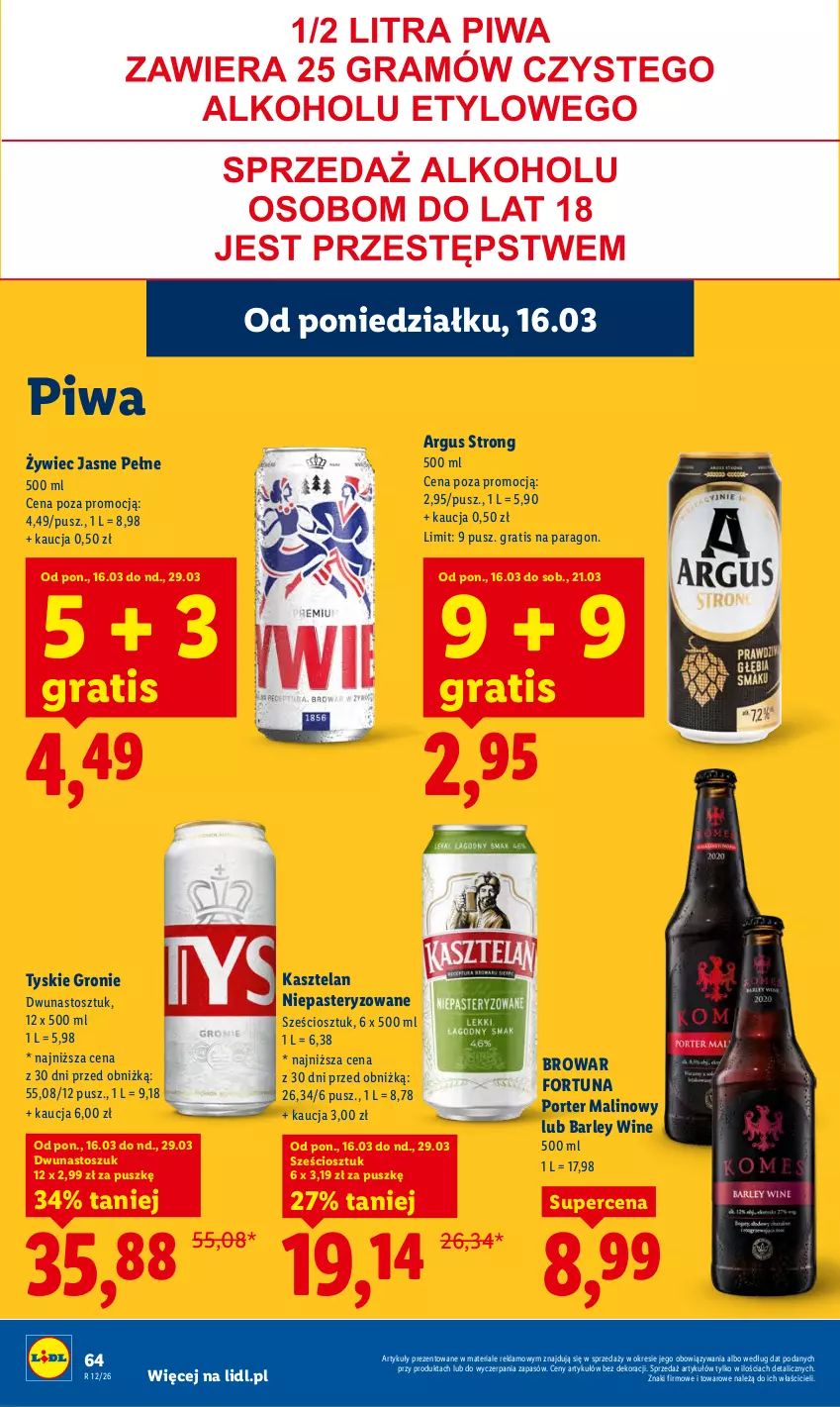 Gazetka promocyjna Lidl - Gazetka ważna od 16.03 do 18.03 - ważna 16.03 do 18.03.2026 - strona 66 - produkty: Fortuna, Gra, Kasztelan, Piwa, Por, Tyskie