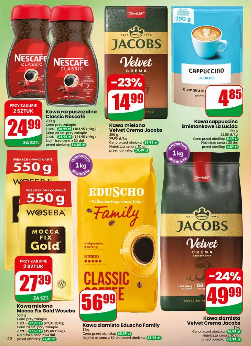 Gazetka promocyjna Dino - Gazetka 22 / 2026 - ważna 27.05 do 02.06.2026 - strona 20 - produkty: Cappuccino, Fa, Jacobs, Kawa, Kawa mielona, Kawa rozpuszczalna, Kawa ziarnista, Mocca Fix Gold, Velvet, Woseba