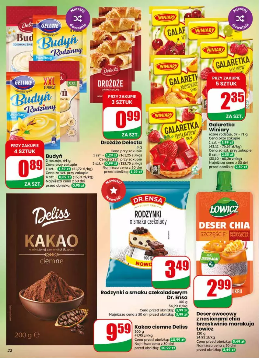 Gazetka promocyjna Dino - Gazetka 22 / 2026 - ważna 27.05 do 02.06.2026 - strona 22 - produkty: Chia, Delecta, Deliss, Deser, Deser owocowy, Drożdże, Gala, Galaretka, Kakao, Rodzynki, Ser, Winiary