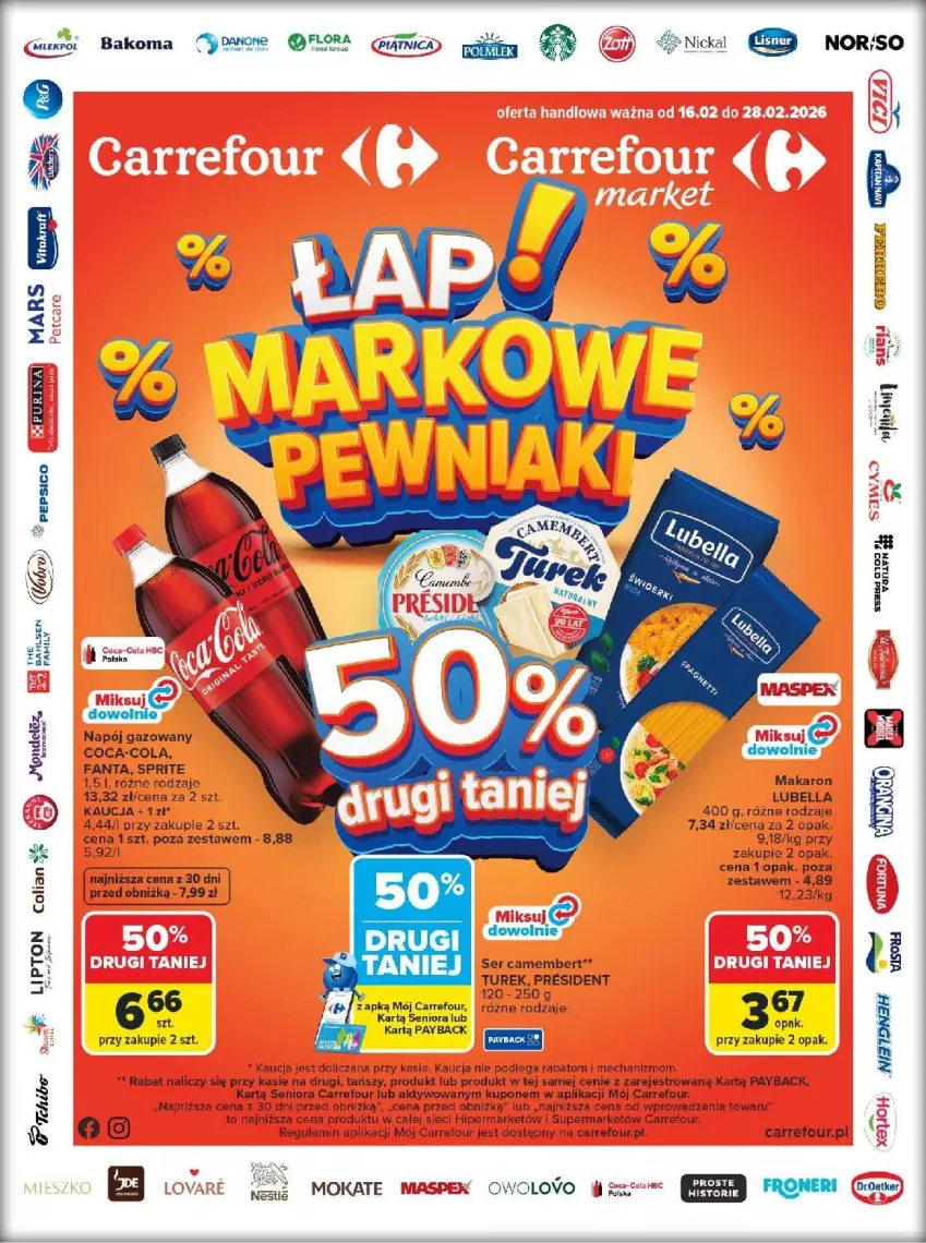Gazetka promocyjna Carrefour - Gazetka Carrefour, Market Łap markowe pewniaki! - ważna 16.02 do 28.02.2026 - strona 1 - produkty: Bakoma, Bell, Bella, Camembert, Coca-Cola, Fa, Fanta, Flora, LG, Lipton, Lubella, Makaron, Napój, Napój gazowany, Ser, Sprite