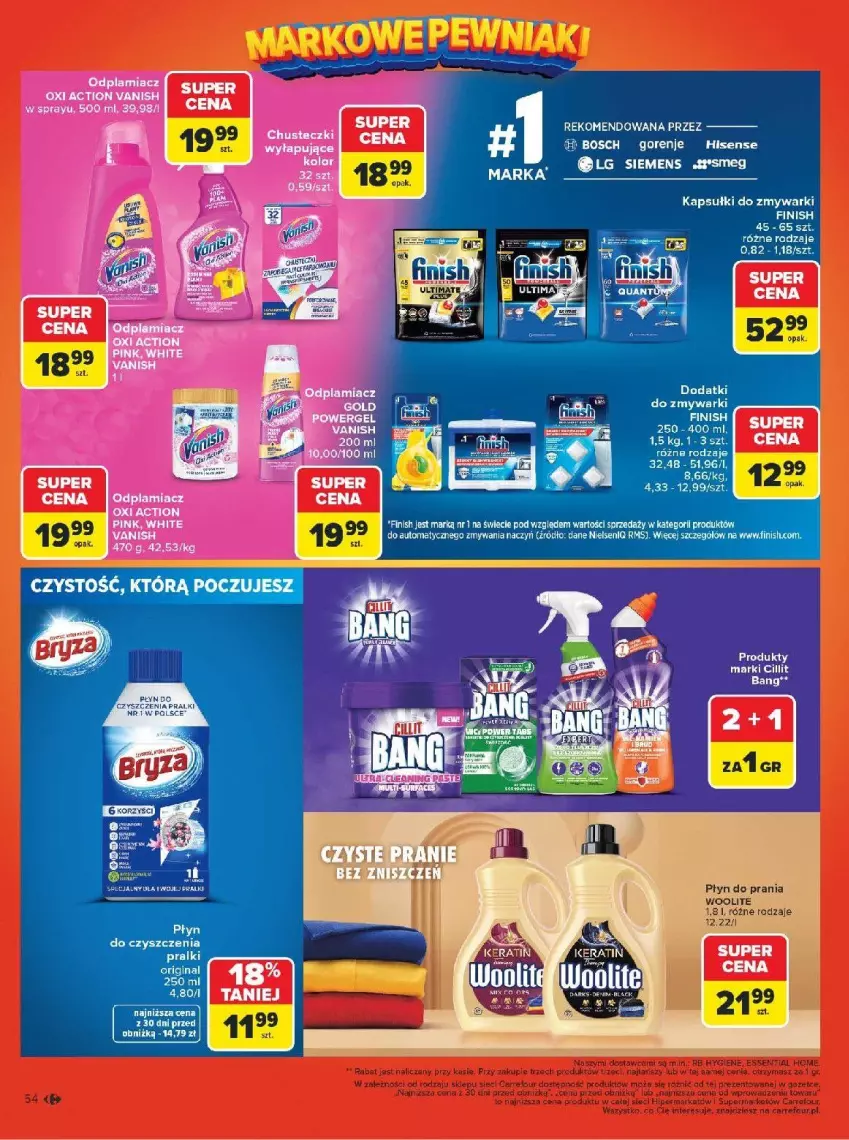 Gazetka promocyjna Carrefour - Gazetka Carrefour, Market Łap markowe pewniaki! - ważna 16.02 do 28.02.2026 - strona 56 - produkty: Bosch, Chusteczki, Finish, Gin, Gorenje, LG, Odplamiacz, Płyn do prania, Pralki, Siemens, Vanish, Woolite, Zmywarki