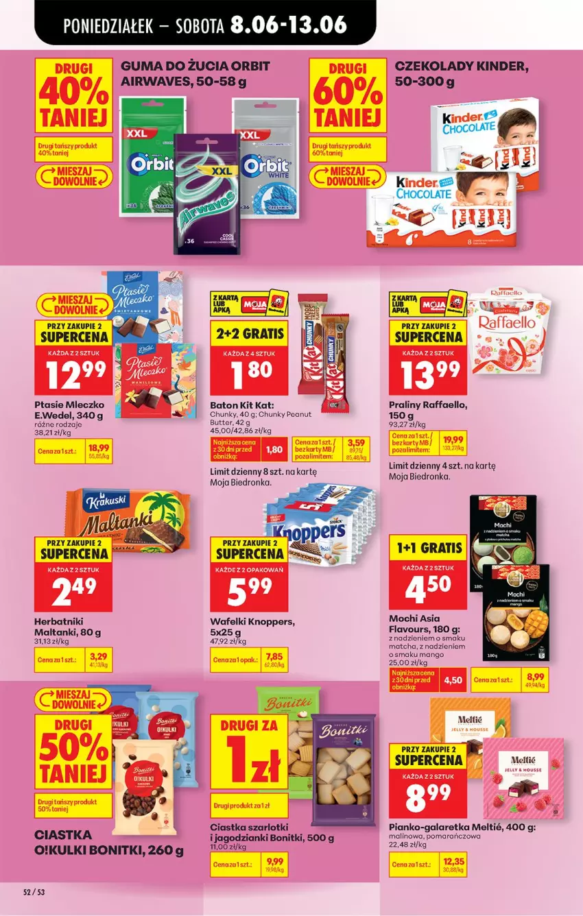 Gazetka promocyjna Biedronka - Od Poniedziałku - ważna 08.06 do 13.06.2026 - strona 68 - produkty: Baton, Bonitki, Ciastka, Fa, Gala, Galaretka, Gra, Guma do żucia, Herbatniki, Kinder, Kit Kat, Knoppers, Mango, Mleczko, Orbit, Praliny, Ptasie mleczko, Raffaello