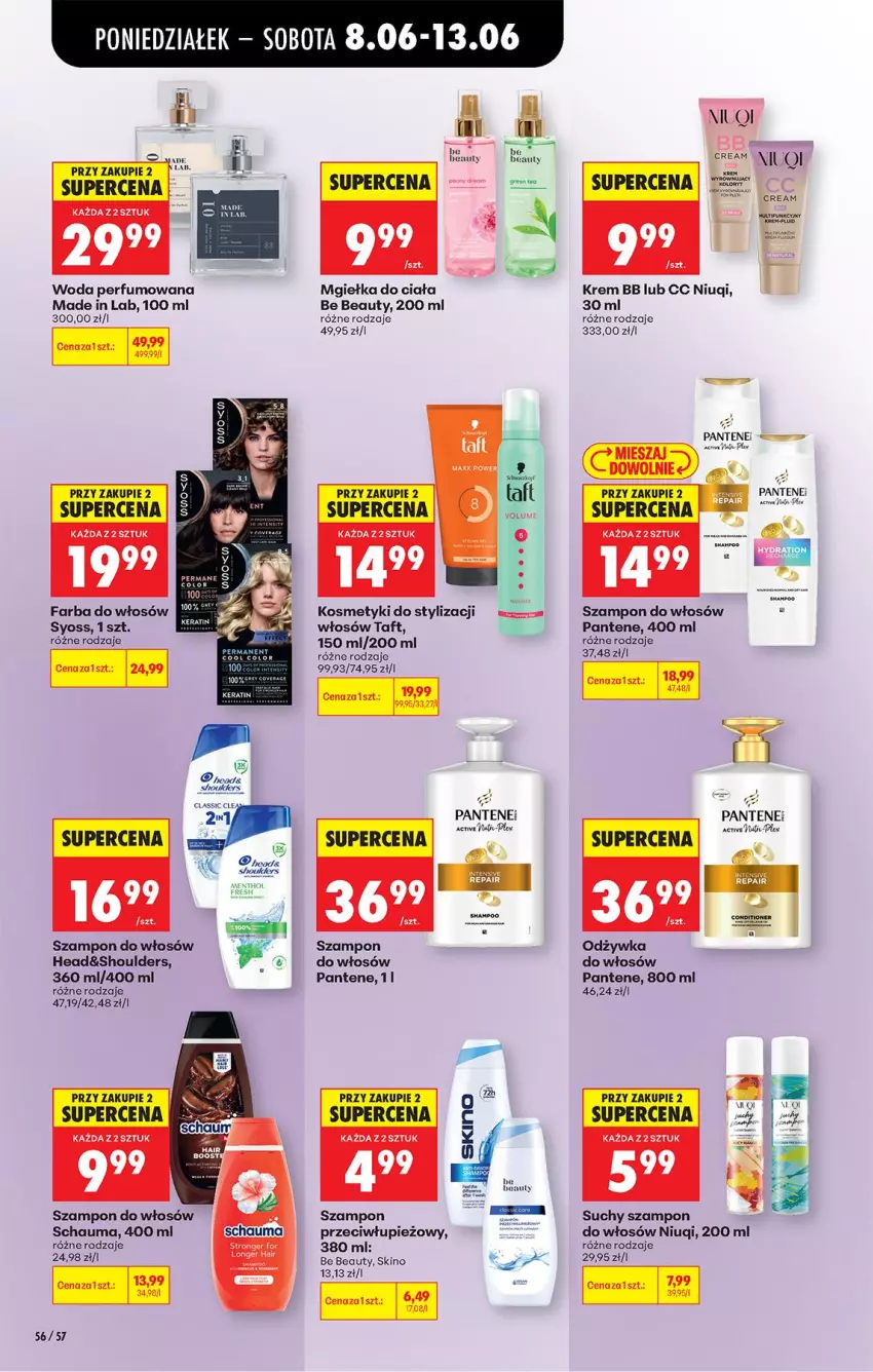 Gazetka promocyjna Biedronka - Od Poniedziałku - ważna 08.06 do 13.06.2026 - strona 76 - produkty: Be Be, Fa, Farba do włosów, Krem bb, LG, Niuqi, Odżywka, Pantene, Perfum, Schauma, Sos, Suchy szampon, Syoss, Szampon, Szampon przeciwłupiezowy, Taft, Woda, Woda perfumowana