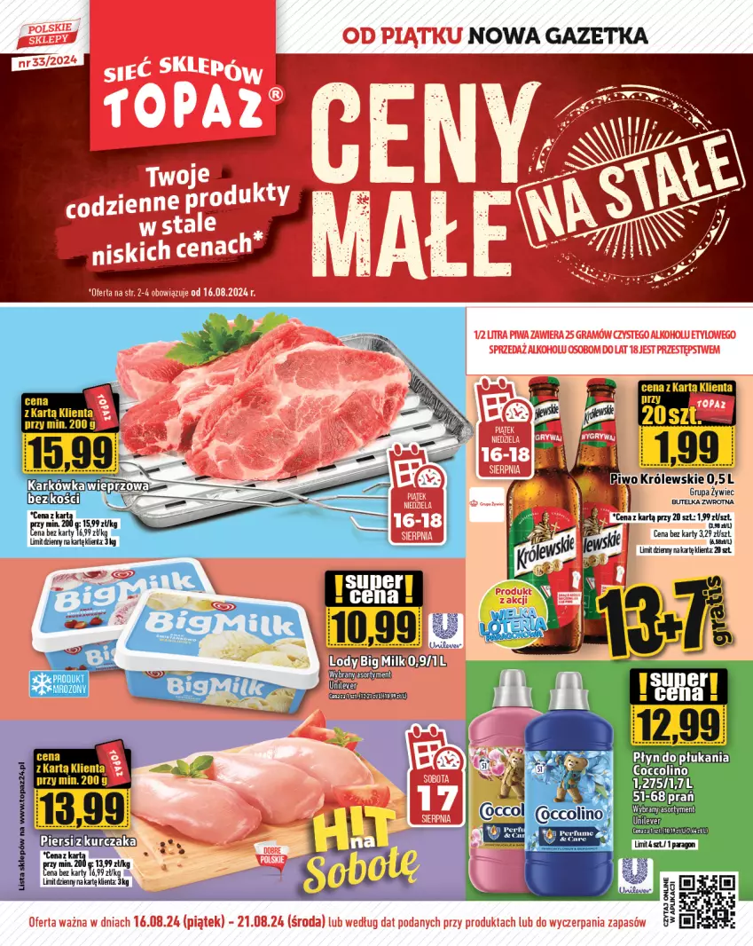 Gazetka promocyjna Topaz - Gazetka - ważna 15.08 do 21.08.2024 - strona 1 - produkty: Coccolino, Królewski, Perfum, Piwo