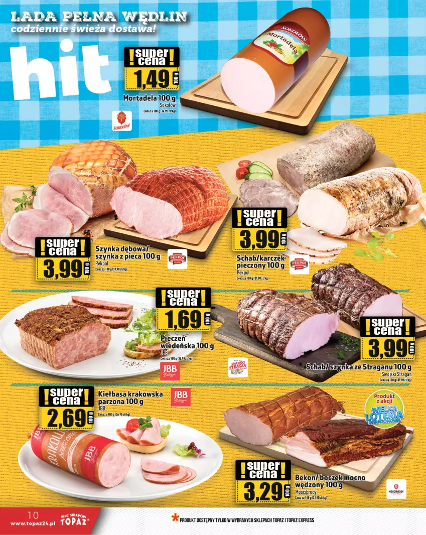 Gazetka promocyjna Topaz - Gazetka - ważna 15.08 do 21.08.2024 - strona 10 - produkty: Kiełbasa, Kiełbasa krakowska, Pekpol, Piec, Sok, Sokołów, Szynka, Top