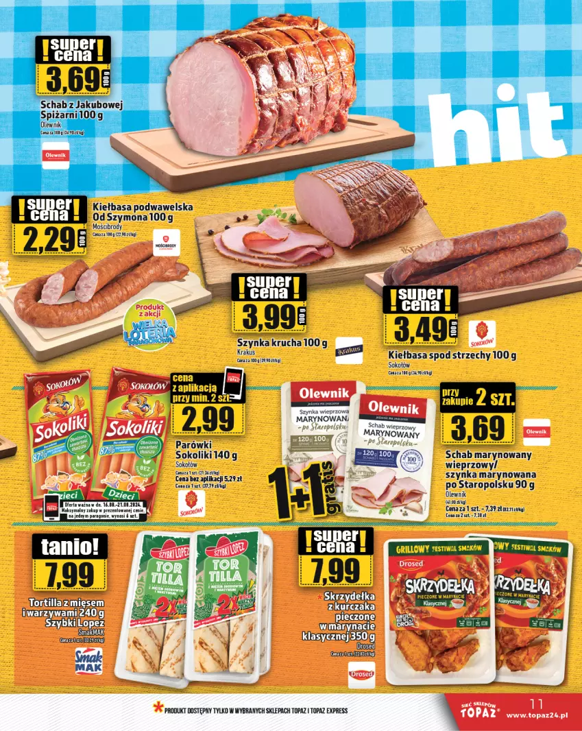 Gazetka promocyjna Topaz - Gazetka - ważna 15.08 do 21.08.2024 - strona 11 - produkty: Kiełbasa, Kiełbasa podwawelska, Krakus, Olewnik, Sok, Sokołów, Szynka, Szynka wieprzowa, Top, Wawel