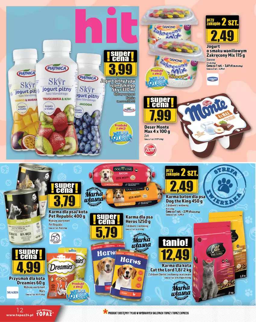 Gazetka promocyjna Topaz - Gazetka - ważna 15.08 do 21.08.2024 - strona 12 - produkty: Baton, Baton dla psa, Danone, Deser, Isla, Jogurt, Mars, Monte, Piątnica, Por, Ser, Top, Warzywa, Zott