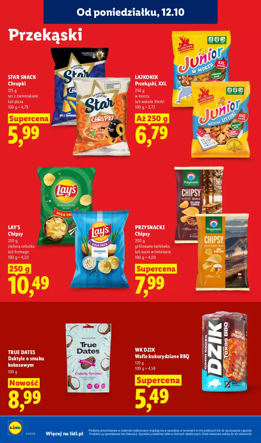 Gazetka promocyjna Lidl - Gazetka - ważna 12.10 do 14.10.2026 - strona 100 - produkty: Chipsy, Chrupki, Daktyle, Grill, Kokos, Lajkonik, Lay’s, Pizza, Przysnacki, Ser, Wafle