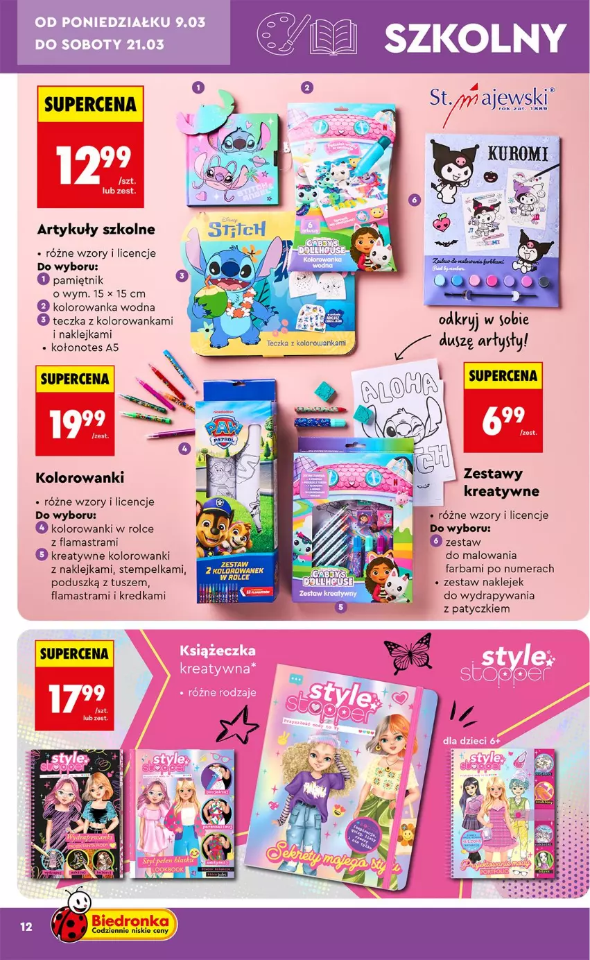 Gazetka promocyjna Biedronka - Okazje Tygodnia - ważna 07.03 do 21.03.2026 - strona 12 - produkty: Fa, Klej, Kolorowanka, Kredka, Pamiętnik, Tusz