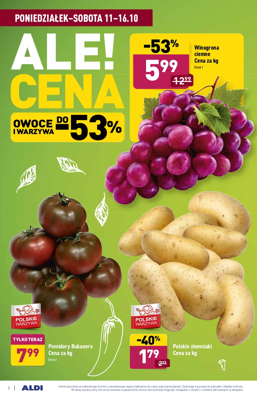 Gazetka promocyjna Aldi - ważna 11.10 do 16.10.2021 - strona 2 - produkty: Owoce, Pomidory, Tera, Warzywa, Wino, Winogrona, Ziemniaki