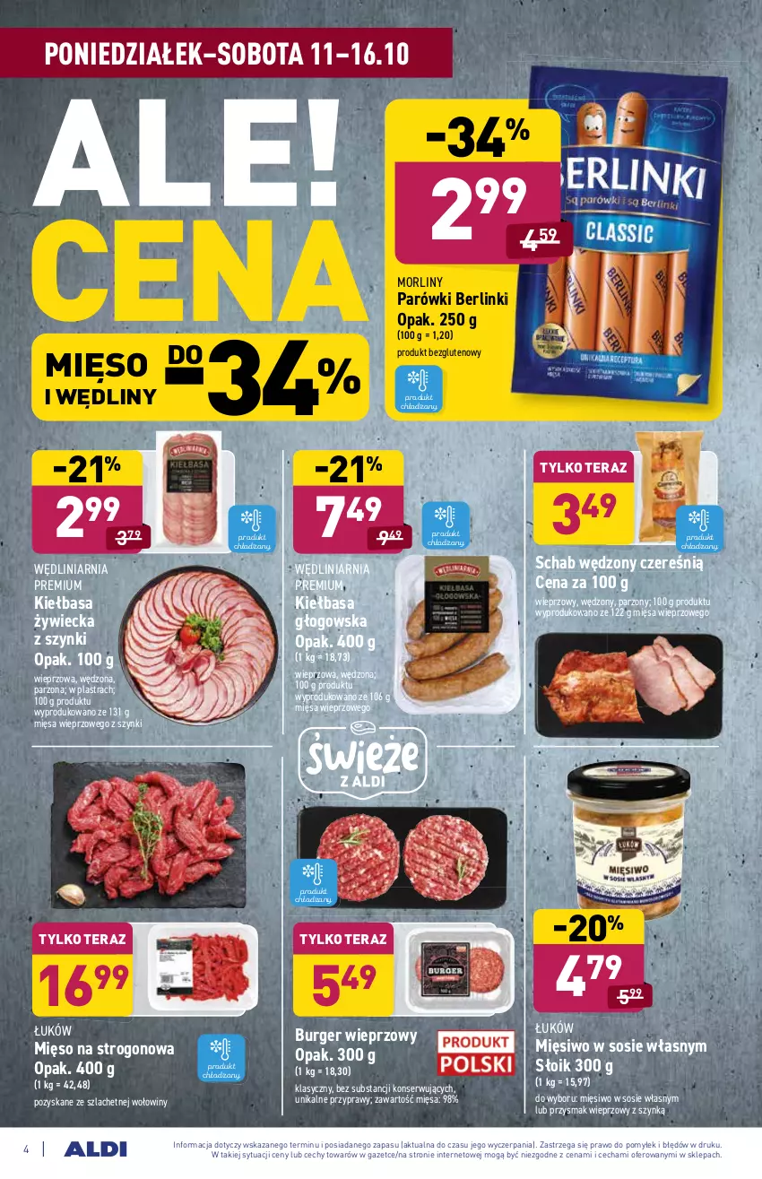 Gazetka promocyjna Aldi - ważna 11.10 do 16.10.2021 - strona 4 - produkty: Berlinki, Burger, Kiełbasa, Kiełbasa głogowska, Mięso, Morliny, Parówki, Przyprawy, Ser, Sos, Tera