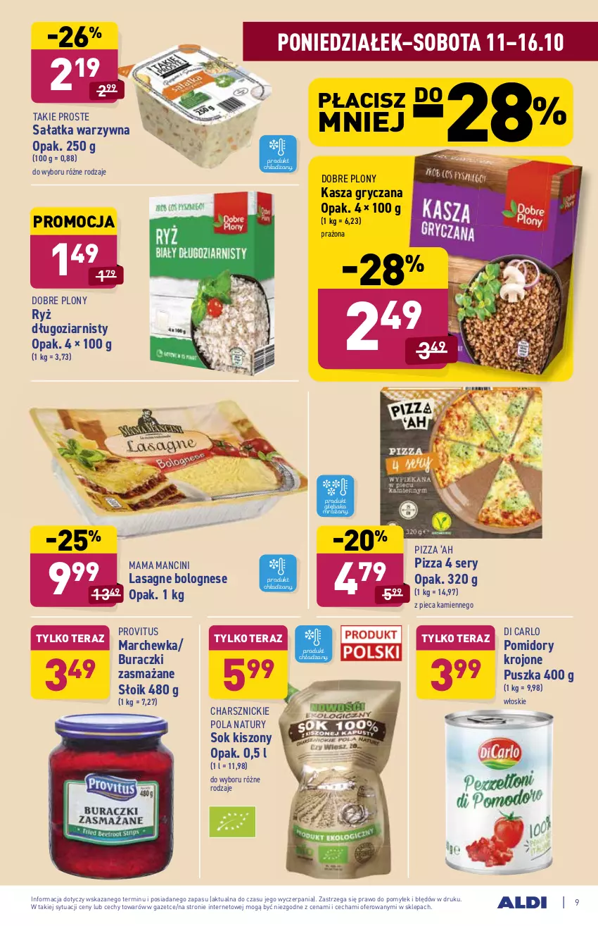 Gazetka promocyjna Aldi - ważna 11.10 do 16.10.2021 - strona 9 - produkty: Buraczki, Gry, Kasza, Kasza gryczana, Lasagne, Lasagne bolognese, Marchewka, Piec, Pizza, Pomidory, Pomidory krojone, Ryż, Sałat, Sałatka, Sałatka warzywna, Ser, Sok, Tera