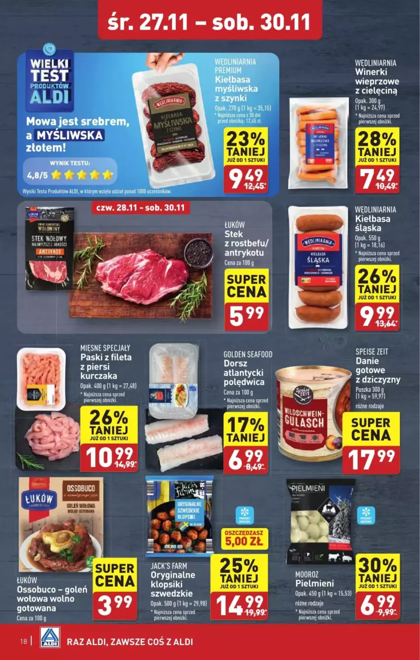 Gazetka promocyjna Aldi - ważna 27.11 do 30.11.2024 - strona 10 - produkty: Dorsz, Fa, Gin, Kiełbasa, Klopsiki, Kurczak, LG, Stek