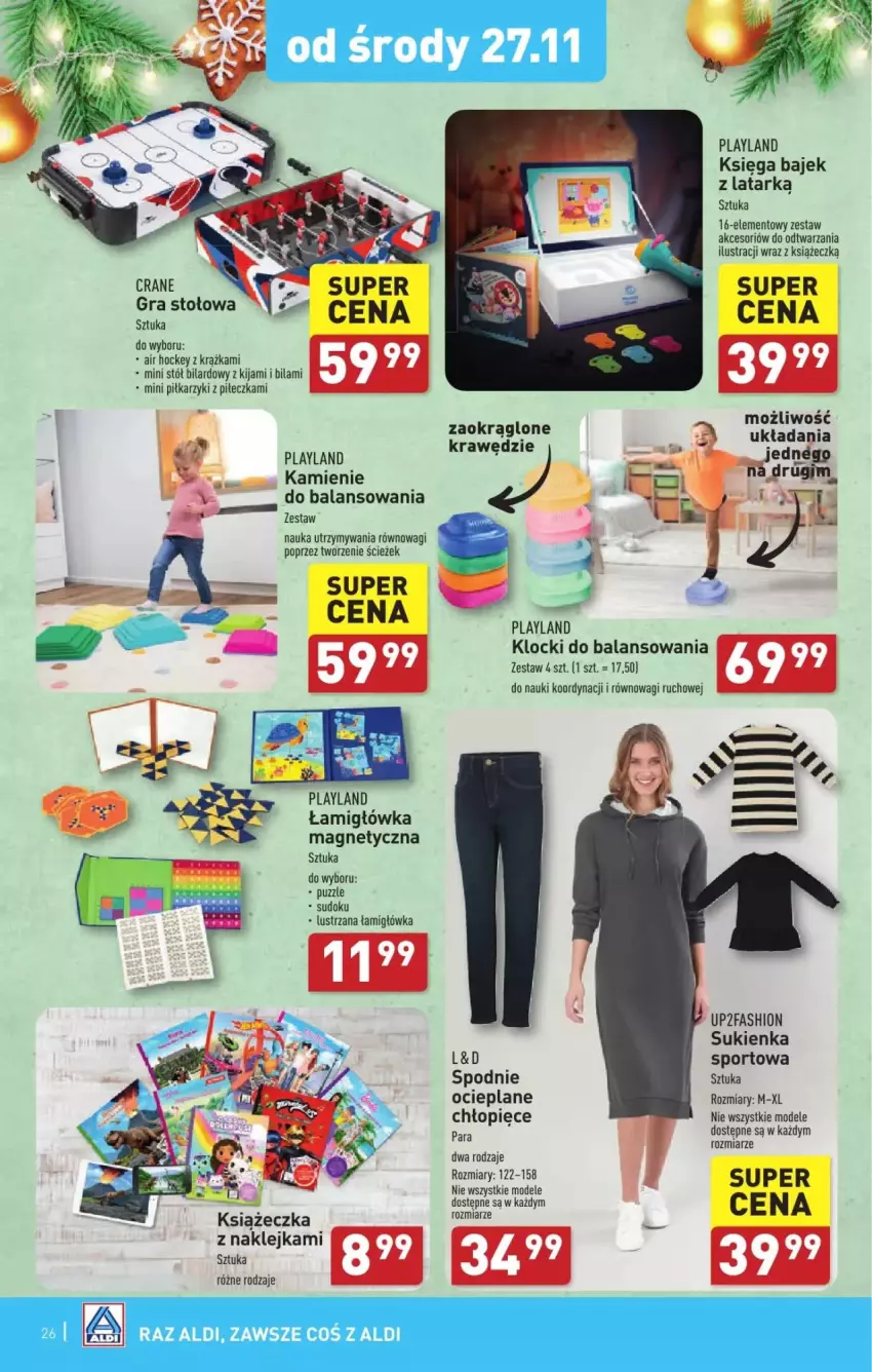 Gazetka promocyjna Aldi - ważna 27.11 do 30.11.2024 - strona 19 - produkty: Fa, Gra, Klej, Klocki, Latarka, Piłkarzyki, Por, Puzzle, Spodnie, Sport, Stół, Sukienka, Tarka, Wagi