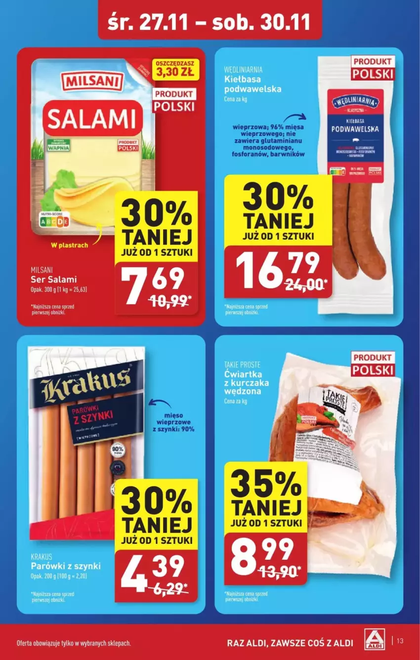 Gazetka promocyjna Aldi - ważna 27.11 do 30.11.2024 - strona 5 - produkty: Kiełbasa, Kiełbasa podwawelska, Kurczak, Parówki, Parówki z szynki, Wawel