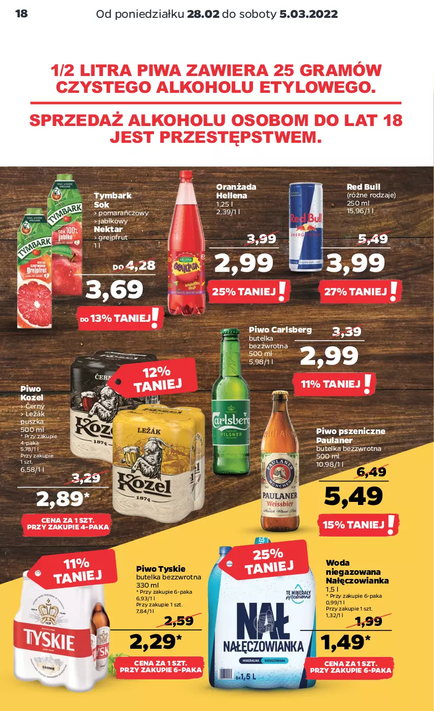 Gazetka promocyjna Netto - Gazetka spożywcza - ważna 28.02 do 05.03.2022 - strona 18 - produkty: Carlsberg, Gra, Grejpfrut, Hellena, Kozel, Nałęczowianka, Nektar, Oranżada, Piwa, Piwo, Red Bull, Sok, Tymbark, Tyskie, Woda, Woda niegazowana