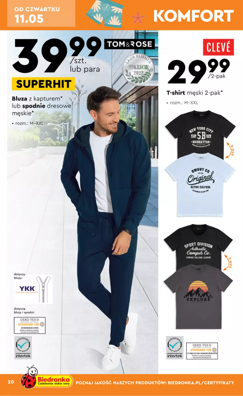 Gazetka promocyjna Biedronka - ważna 08.05 do 20.05.2023 - strona 20 - produkty: Bluza, Bluza z kapturem, Dres, Spodnie, Spodnie dresowe, T-shirt