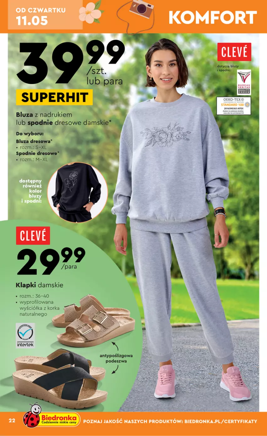 Gazetka promocyjna Biedronka - ważna 08.05 do 20.05.2023 - strona 22 - produkty: Bluza, Bluza dresowa, Dres, Klapki, Orka, Spodnie, Spodnie dresowe