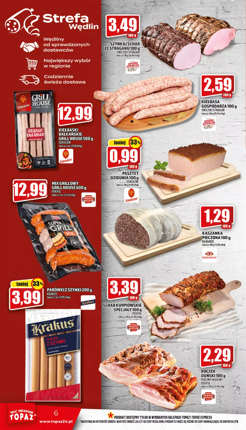 Gazetka promocyjna Topaz - Gazetka - ważna 28.07 do 03.08.2022 - strona 6 - produkty: Boczek, Fa, Grill, Kasza, Kaszanka, Kiełbasa, Pasztet, Pekpol, Top