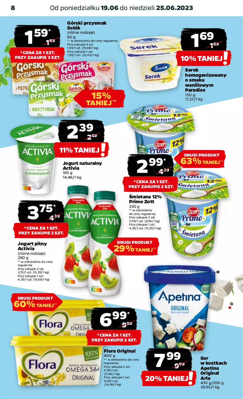 Gazetka promocyjna Netto - Artykuły spożywcze - ważna 19.06 do 25.06.2023 - strona 8 - produkty: Activia, Flora, Gin, Jogurt, Jogurt naturalny, Jogurt pitny, Ser, Serek, Serek homogenizowany, Zott