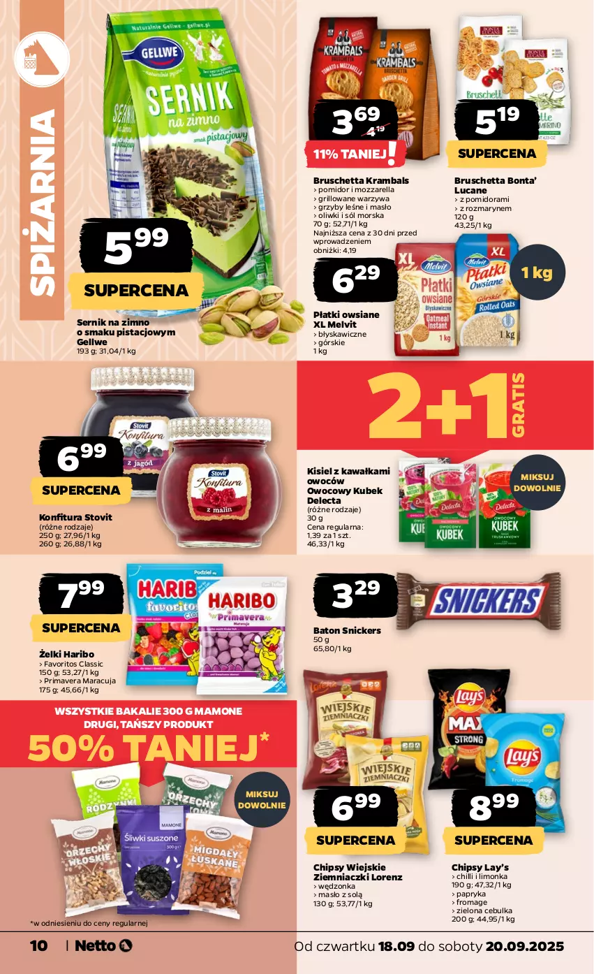 Gazetka promocyjna Netto - Od Czwartku - ważna 18.09 do 20.09.2025 - strona 10 - produkty: Baton, Chipsy, Delecta, Fa, Gra, Grill, Grzyby, Haribo, Kawa, Kisiel, Konfitura, Kubek, Lay’s, Limonka, Lorenz, Masło, Melvit, Mozzarella, Oliwki, Papryka, Płatki owsiane, Prima, Primavera, Ser, Snickers, Sól, Warzywa