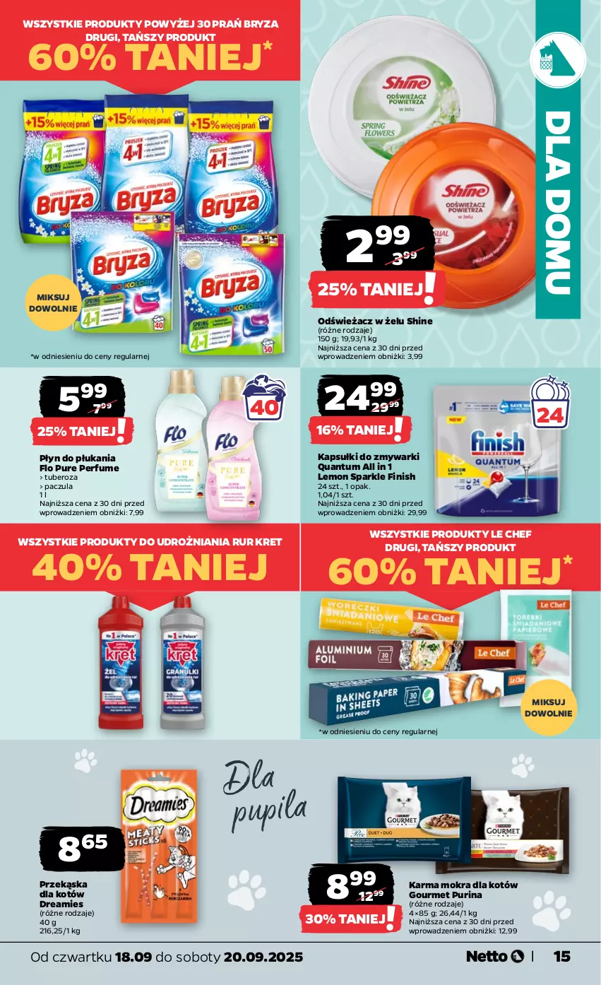 Gazetka promocyjna Netto - Od Czwartku - ważna 18.09 do 20.09.2025 - strona 15 - produkty: Bryza, Finish, Karma mokra dla kotów, Kret, Perfum, Płyn do płukania, Przekąska dla kotów, Pur, Purina, Zmywarki