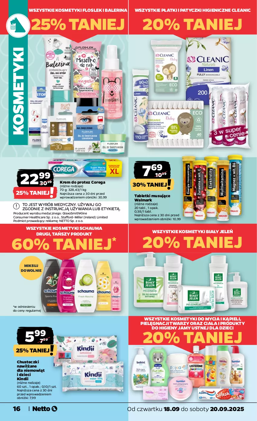 Gazetka promocyjna Netto - Od Czwartku - ważna 18.09 do 20.09.2025 - strona 16 - produkty: Biały Jeleń, Chusteczki, Cleanic, Corega, Dzieci, Kindii, Mus, Schauma, Tablet, Tabletki musujące, Walmark