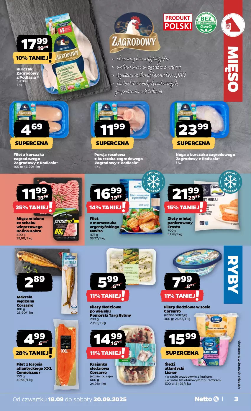 Gazetka promocyjna Netto - Od Czwartku - ważna 18.09 do 20.09.2025 - strona 3 - produkty: Filet z morszczuka, Frosta, Krajanka śledziowa, Kurczak, Lisner, Mięso, Mięso mielone, Mintaj, Por, Sos, Tusz