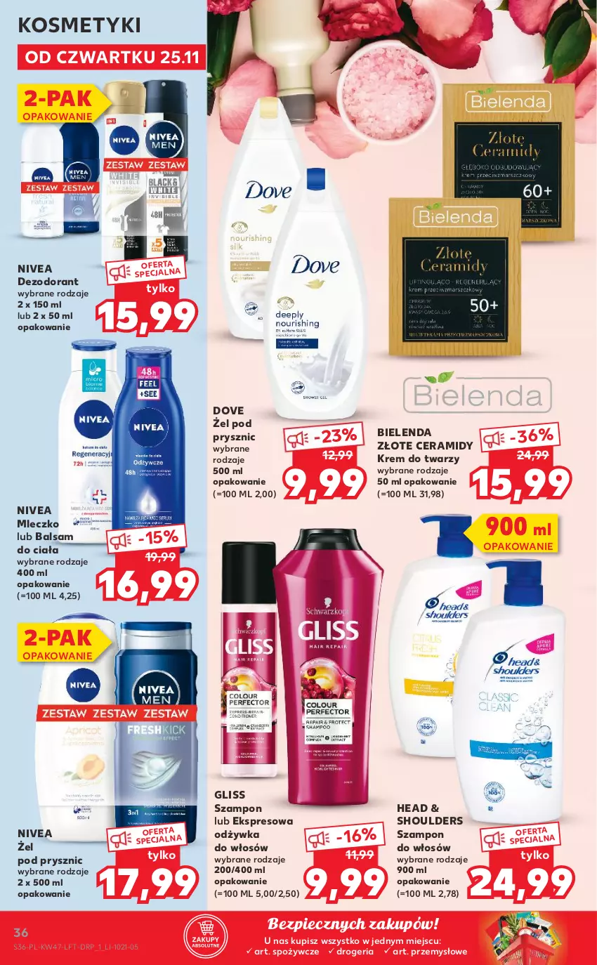 Gazetka promocyjna Kaufland - OFERTA TYGODNIA - ważna 25.11 do 01.12.2021 - strona 36 - produkty: Balsam do ciała, Bielenda, Dezodorant, Dove, Krem do twarzy, Mleczko, Nivea, Odżywka, Piec, Szampon