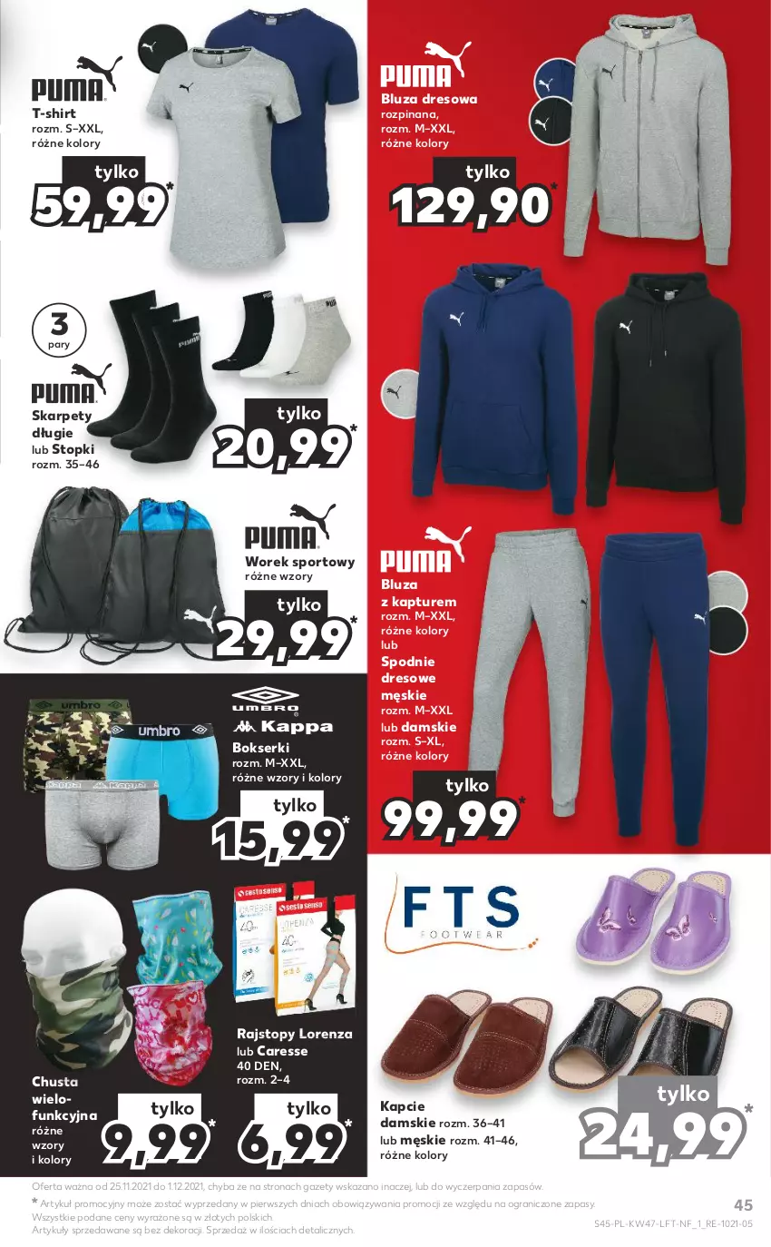 Gazetka promocyjna Kaufland - OFERTA TYGODNIA - ważna 25.11 do 01.12.2021 - strona 45 - produkty: Bluza, Bluza dresowa, Bluza z kapturem, Bokserki, Chusta, Dres, Gra, Kapcie, Karp, Lorenz, Por, Rajstopy, Ser, Spodnie, Spodnie dresowe, Sport, T-shirt, Top