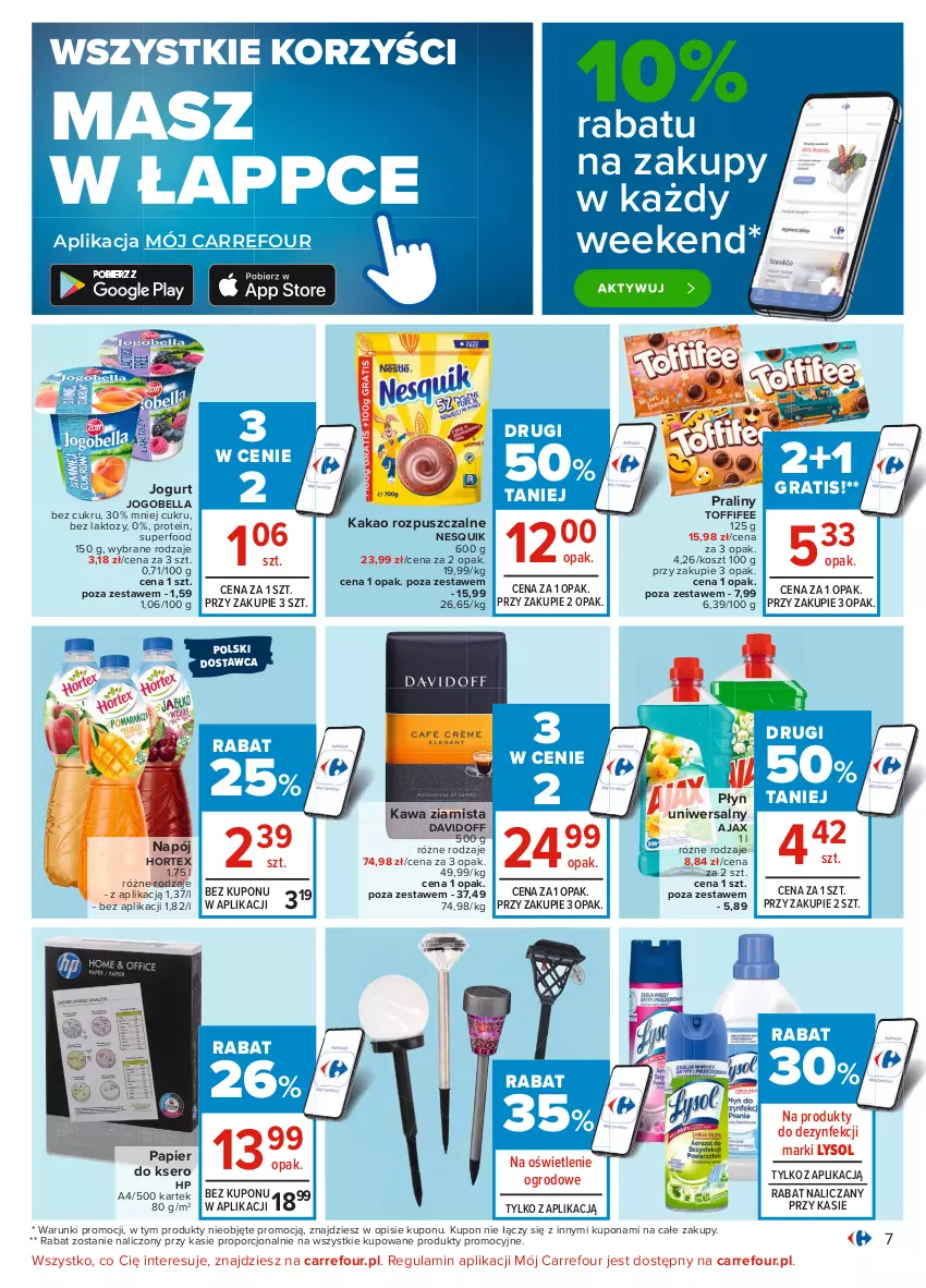 Gazetka promocyjna Carrefour - Gazetka Carrefour - ważna 31.05 do 12.06.2021 - strona 7 - produkty: Ajax, Bell, Bella, Davidoff, Gra, Hortex, HP, Jogobella, Jogurt, Kakao, Kawa, Kawa ziarnista, Kosz, Lysol, Napój, Nesquik, Papier, Papier do ksero, Por, Praliny, Ser, Toffifee