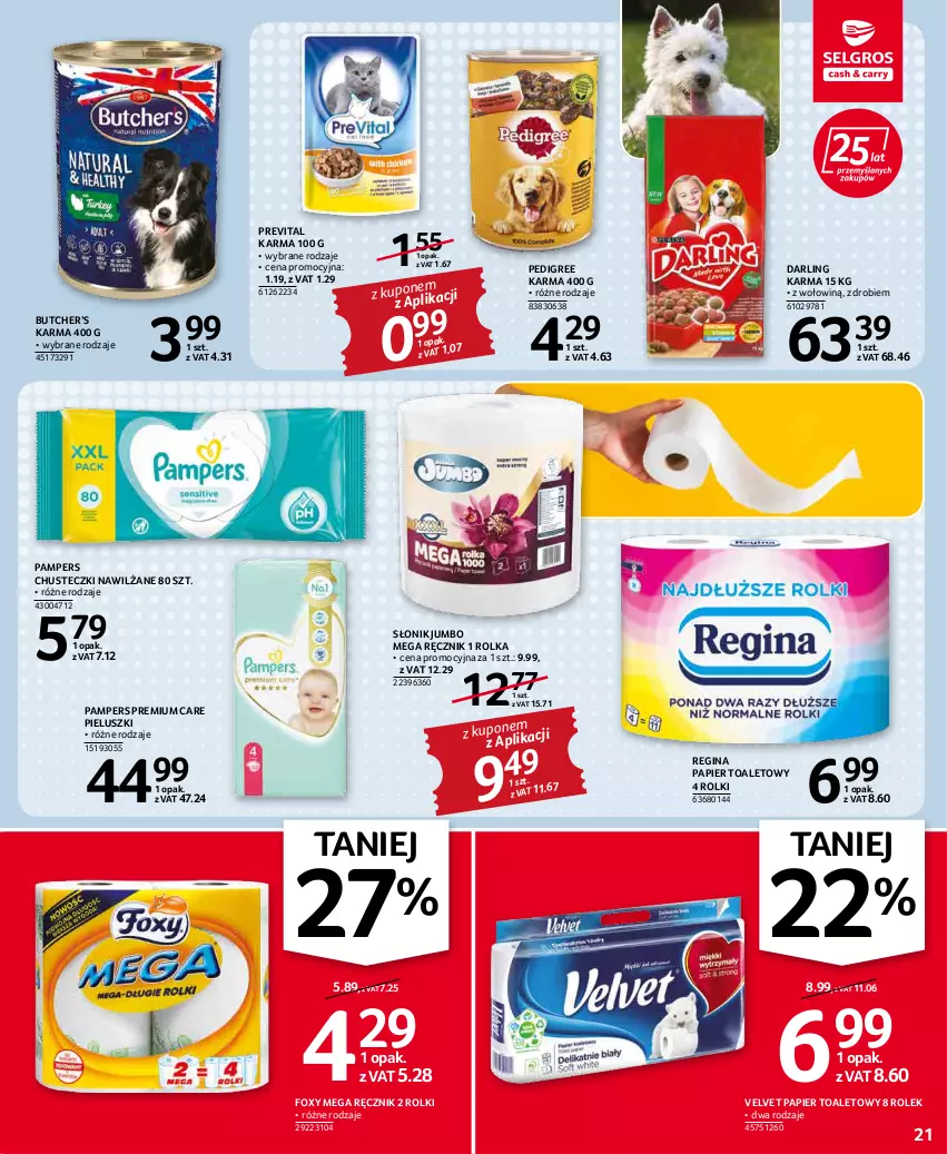 Gazetka promocyjna Selgros - Oferta spożywcza - ważna 03.03 do 16.03.2022 - strona 21 - produkty: Chusteczki, Foxy, Gin, Pampers, Papier, Papier toaletowy, Pedigree, Ręcznik, Rolki, Velvet