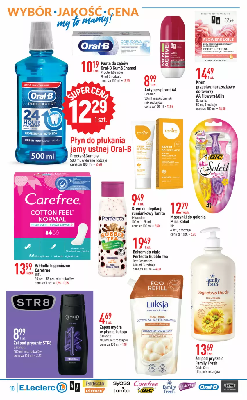 Gazetka promocyjna E Leclerc - ważna 27.06 do 08.07.2023 - strona 16 - produkty: Antyperspirant, Balsam do ciała, BIC, Carefree, DAX, Fa, Krem przeciwzmarszczkowy, LG, Luksja, Mars, Pasta do zębów, Perfecta, Płyn do płukania, Str8, Syoss, Wkładki