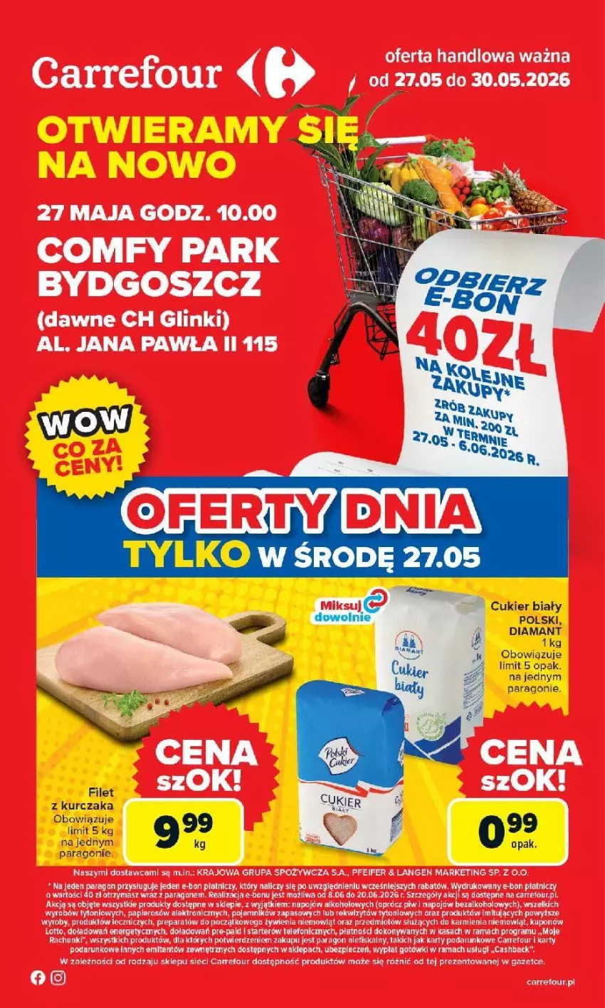 Gazetka promocyjna Carrefour - Gazetka Otwieramy się na nowo - ważna 27.05 do 30.05.2026 - strona 1 - produkty: Cukier, Diamant, Fa, Gala, Kurczak