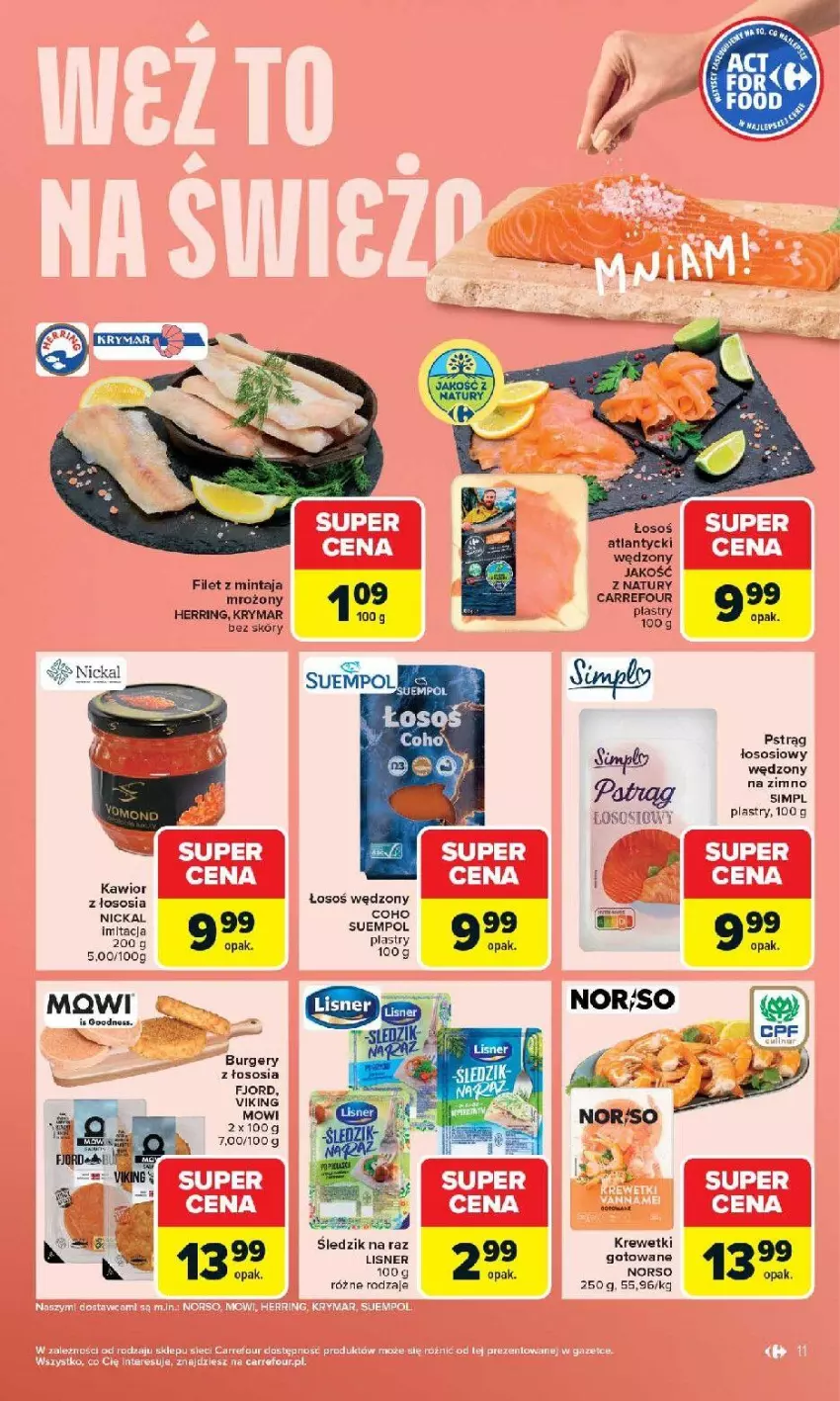 Gazetka promocyjna Carrefour - Gazetka Otwieramy się na nowo - ważna 27.05 do 30.05.2026 - strona 11 - produkty: Burger, Filet z mintaja, Kawior, Krewetki, Mintaj, Pstrąg, Pstrąg łososiowy, Sos, Suempol