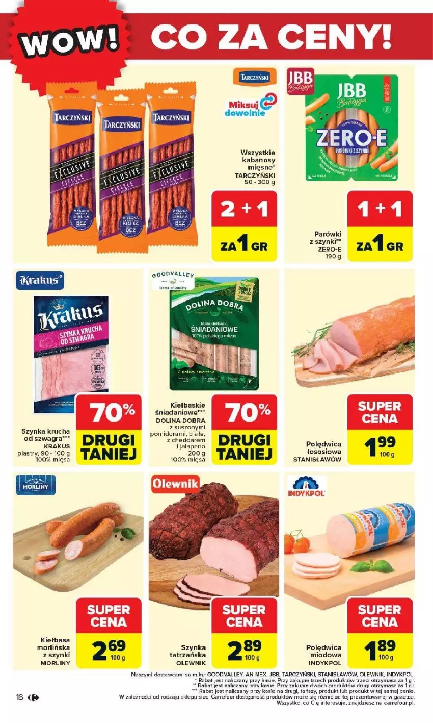 Gazetka promocyjna Carrefour - Gazetka Otwieramy się na nowo - ważna 27.05 do 30.05.2026 - strona 18 - produkty: Danio, Kiełbasa, Krakus, Morliny, Olewnik, Parówki, Parówki z szynki, Polędwica, Sos, Szynka, Tarczyński