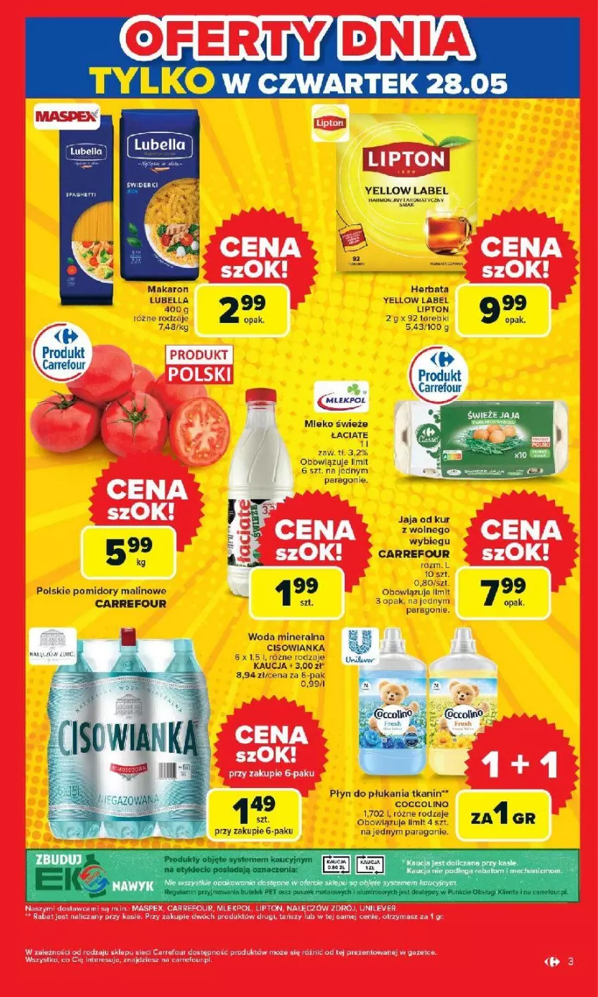 Gazetka promocyjna Carrefour - Gazetka Otwieramy się na nowo - ważna 27.05 do 30.05.2026 - strona 3 - produkty: Bell, Bella, Cisowianka, Fa, Herbata, Jaja, Lubella, Makaron, Mleko, Płyn do płukania, Pomidory, Woda, Woda mineralna