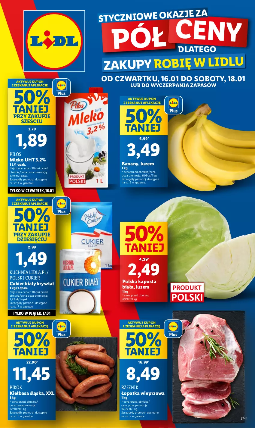 Gazetka promocyjna Lidl - GAZETKA - ważna 16.01 do 18.01.2025 - strona 1 - produkty: Banany, Cukier, Kiełbasa, Kiełbasa śląska, Kuchnia, Mleko, PIKOK, Pilos