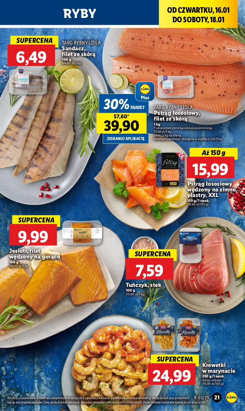 Gazetka promocyjna Lidl - GAZETKA - ważna 16.01 do 18.01.2025 - strona 23 - produkty: Krewetki, Pstrąg, Pstrąg łososiowy, Sandacz, Sos, Stek, Tuńczyk